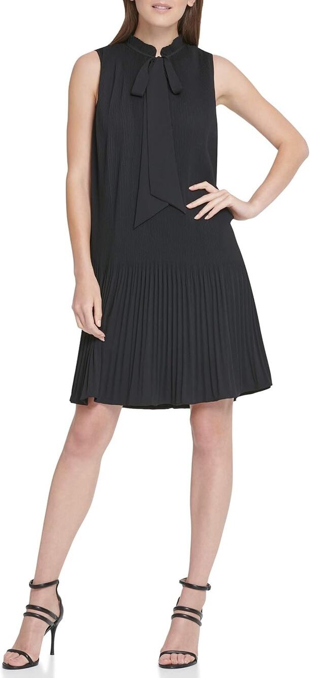 DKNY Women's Black Sleeveless Pleated Bow Tie Neck Mini Shift Tank Dress Size 8